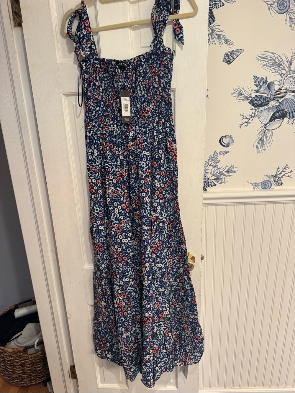 NWT Yumi Kim Navy Floral Tie-Shoulder Smocked Maxi Dress